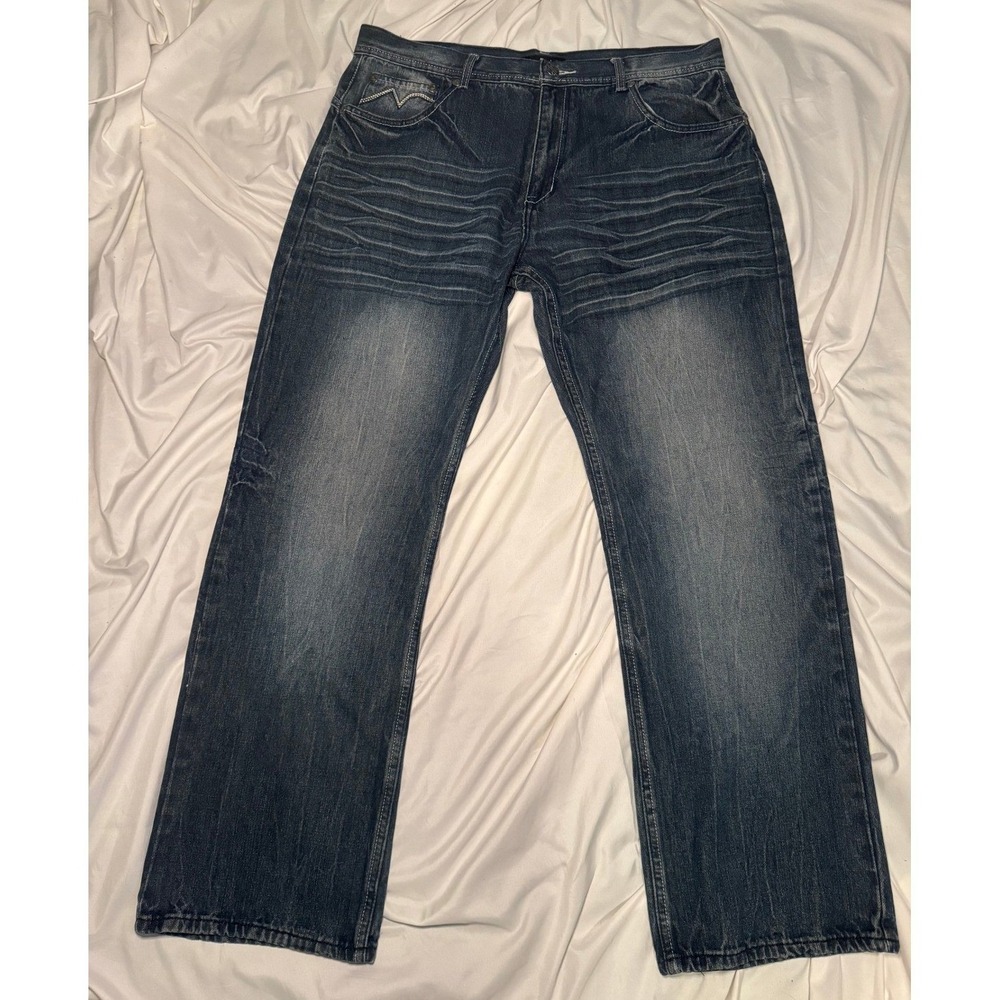 Culture Revolution Straight‎ Leg Jeans Mens 38 Blue Y2K Embroidered Baggy Denim